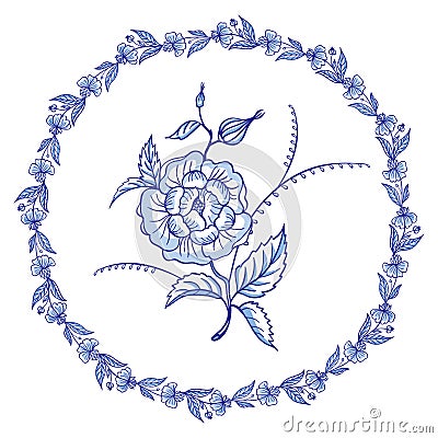 Decorative bouquet, floral arrangement in an round patterned frame Vector Illustration